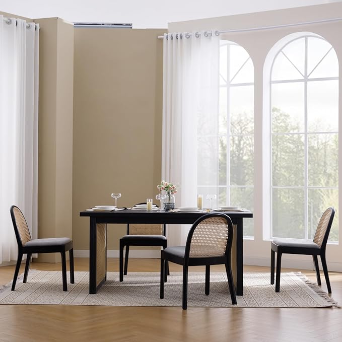 Mid Century Dining Chairs Set of 6, Accent Rattan Side Chairs Linen Fabric Kitchen Chair with Solid Wooden Legs for Living Room Dining Room, Grey