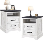 ACCOHOHO 18" Farmhouse Nightstand Set of 2 with Charging Station,End Table with 2 Drawers Storage,Side Table,Bedside Cabinet for Bedroom,Living Room, Withe