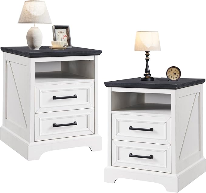 ACCOHOHO 18" Farmhouse Nightstand Set of 2 with Charging Station,End Table with 2 Drawers Storage,Side Table,Bedside Cabinet for Bedroom,Living Room, Withe