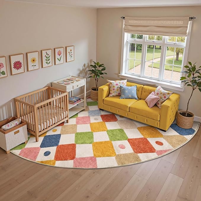 jinchan Kids Rug for Classroom 7ft Radius Corner Washable Area Rug Modern Colorful Quarter Circle Rug Soft Non-Slip Carpet for Nursery Playroom Daycare Reading Nook Living Room Circus on Cream