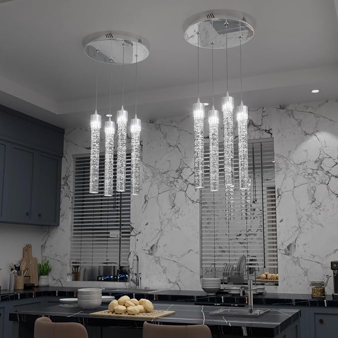 4-Lights Kitchen Island Pendant Lights Silver Mini Chandeliers for Dining Room Crystal Pendant Lighting Ceiling Lights for Hallway Foyer Living Room