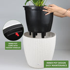 Dexceder 15x14 Rattan Self Watering Planter with Wheels Indoor Outdoor, Inner Pot Design, Thickened Large Floor Standing Flower Plant Pot with Water Level Indicator (Ivory White)