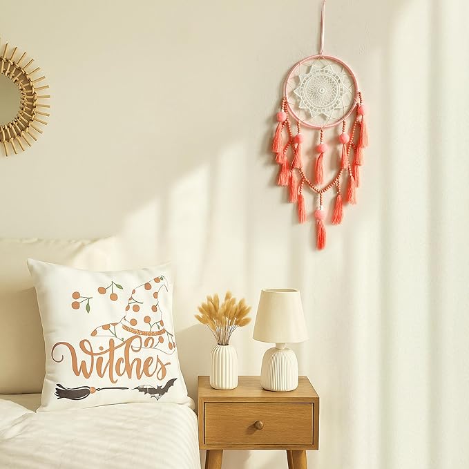 Pink Dream Catcher Wall Decor with Pompoms Macrame Large Dreamcatcher, Handmade Tassels Hanging Ornament Boho Room Decor for Girls Bedroom Living Room