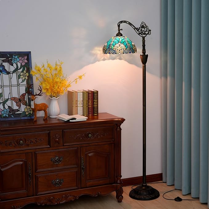 Tiffany Floor Lamp Vintage Standing Lamp Green Stained Glass Floor Light Rustic Corner Gooseneck Floor Lamp with Adjustable Angle for Home Decor Living Room Bedroom 12X12X63 Inches