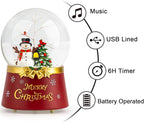 Christmas Glass Snow Globe Glitter Spinning Water Lantern Lighted Musical Snowman with Holiday Tree Scene, 6H Timer Battery & USB Powered Light for Home Decoration