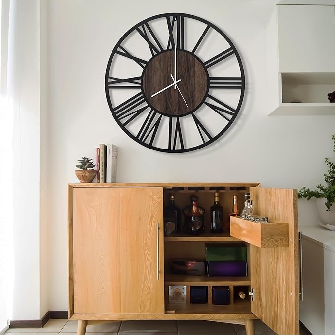 LEIKE Large LED Wall Clocks,Silent,Non Ticking,Battery Operated Rustic Round Modern Big Wood Wall Clock for Living Room, Bedroom,Kitchen,Farmhouse,Office,Home Decor -20" Black,LED,Roman Number