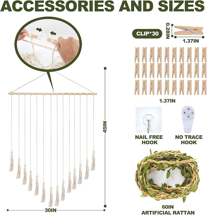 Hanging Photo Display boho bedroom decor teenage girl room decor Birthday Gifts for Grandma gift for mom Grandma’s Gifts - from Daughter, Granddaughter and Grandson - Mom Grandmothers Photo Holder，with 30 Wood Clips, 35" L x 30'' W