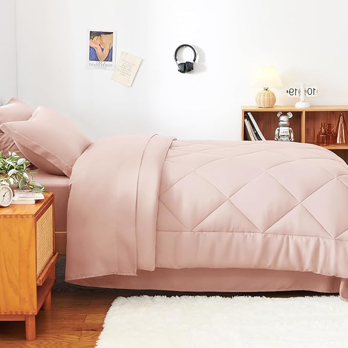 CozyLux Twin XL Comforter Set Blush Pink - 5 Pieces Twin Extra Long Bed in a Bag for College Dorm, All Season Bedding Set for Girls and Boys, Soft Bed Set with Comforter, Sheets, Pillowcase & Sham
