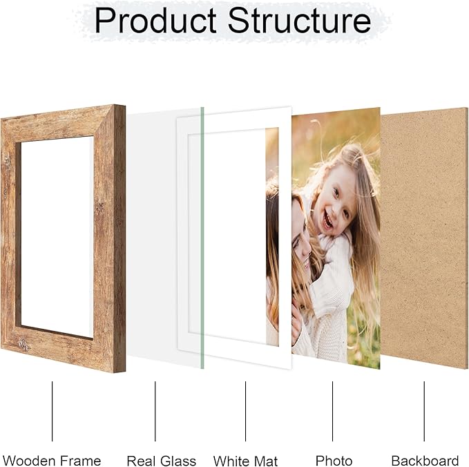 5x7 Picture Frame Set of 4, 5 x 7 Wood Photo Frames with Mat for 4x6, Natural Wooden Frame with Real Glass Cover for Wall and Tabletop Display,Brown