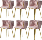Nrizc Woven Dining Chairs Set of 6, Velvet Upholstered Dining Chairs with Gold Metal Legs, Modern Accent Chairs for Living Room, Dining Room, Kitchen (Pink)