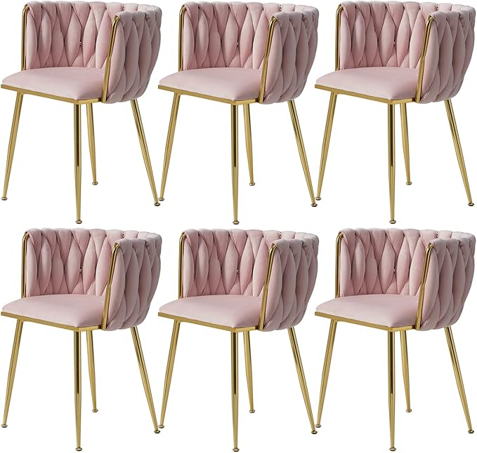 Nrizc Woven Dining Chairs Set of 6, Velvet Upholstered Dining Chairs with Gold Metal Legs, Modern Accent Chairs for Living Room, Dining Room, Kitchen (Pink)