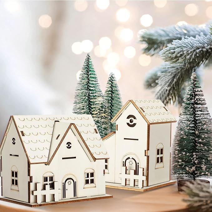 Hiboom 12 Pcs DIY Christmas Village Sets Wood Village Houses with Fence Christmas Mini Wooden House Gift for Winter Xmas Party Decorations