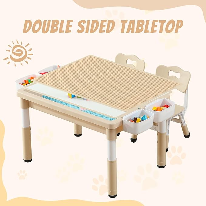 Multi Functional Kids Table and 2 Chairs Set, Graffiti & Building Blocks Double-Sided Tabletop, Toddler Play Table with Drawers, Large Storage Space, Gift for Boys/Girls, Burlywood