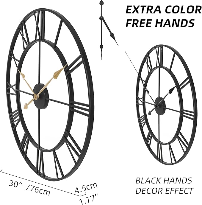 INFINITY TIME 30 Inch Wall Clocks for Living Room Decor, Oversized Modern Black Metal Roman Numeral Wall Clock Decorative(Gold Hands)