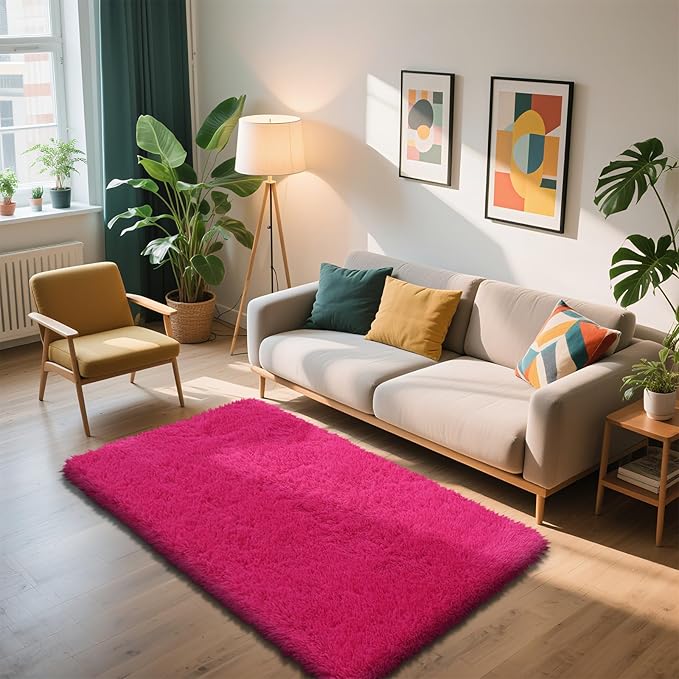 Shag Area Rug for Bedroom 3x5,Fluffy Area Rugs for Living Room,Soft Fuzzy Rug Non-Shedding Indoor Plush Carpet for Kids Bedroom Nursery Dorm Home Decor,Hot Pink