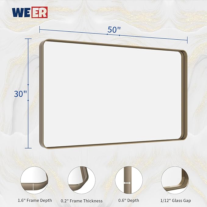 WEER 50x30 Inch Bronze Bathroom for Wall, Farmhouse Oil Rubbed Bronze Mirror, Rectangle Bronze Vanity Mirror with Aluminum Alloy Brushed Metal Frame, Tempered Glass, Anti-Rust (Horizontal/Vertical)
