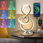 Modern Spiral Table Lamp, 7 Colors 10 Light Modes LED Nightstand Small Lamp with USB C+A Ports, Touch Dimmable Lamps for Living Room Bedroom Bedside, Unique & Cool Lamps,Silver