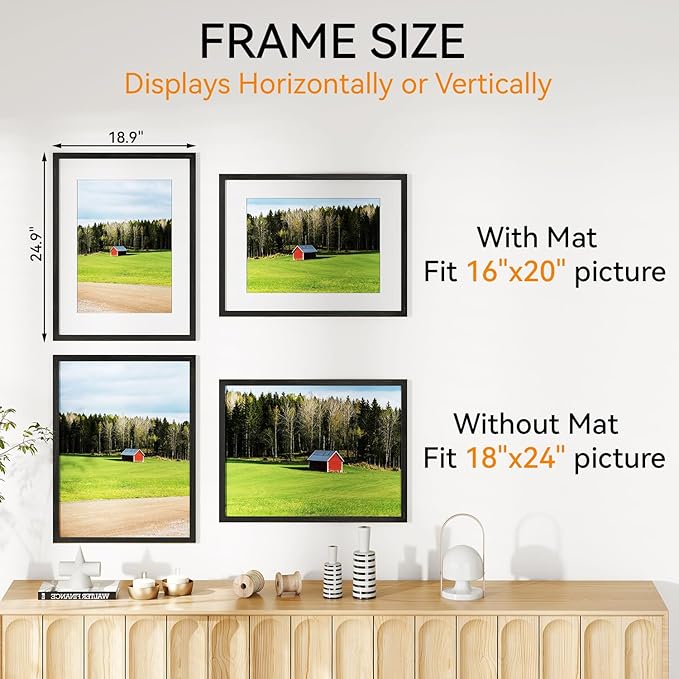 IBUYKE 18x24 Picture Frame,Solid Oak Wood 18x24 Photo Frame with Mat to 16x20,18x24 Picture Frames With Tempered Glass,Wall Mount Display,Home Decor,Black Oak 24 x 18 Frame,UWPF1824B