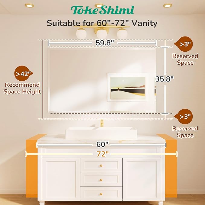 TokeShimi 60x36 Frameless Beveled Bathroom Mirror Rectangle, Tempered Rectangle Bathroom Vanity Mirror with 1" Beveled Edge, Shatterproof Modern Mirrored Wall Mounted for Living Room, Restroom