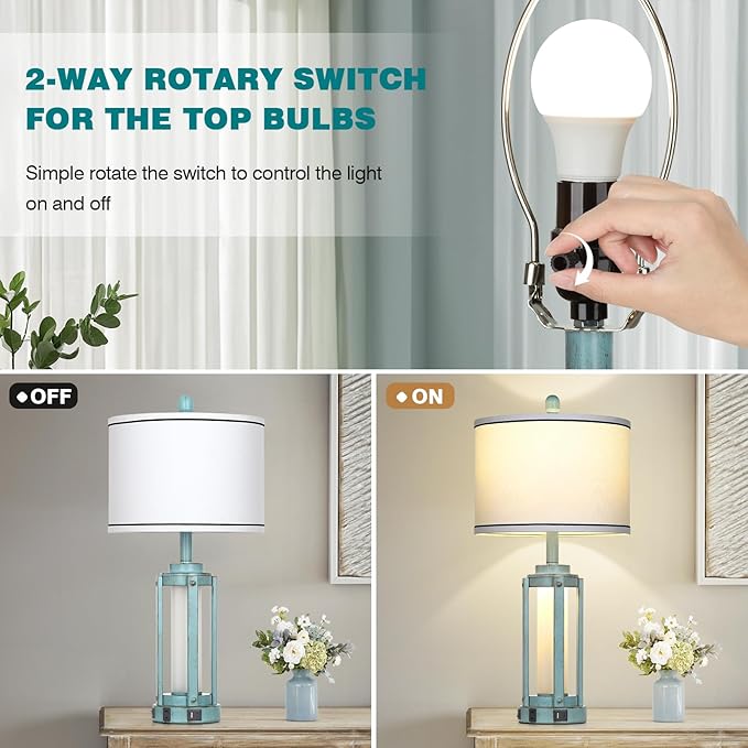 Industrial Farmhouse Table Lamp, 26" Vintage Rustic Beside Lamp with USB A+C Charging Ports & AC Outlet, Nightstand Metal Lamp with LED Night Light & Fabric Shade for Living Room Bedrooms Blue