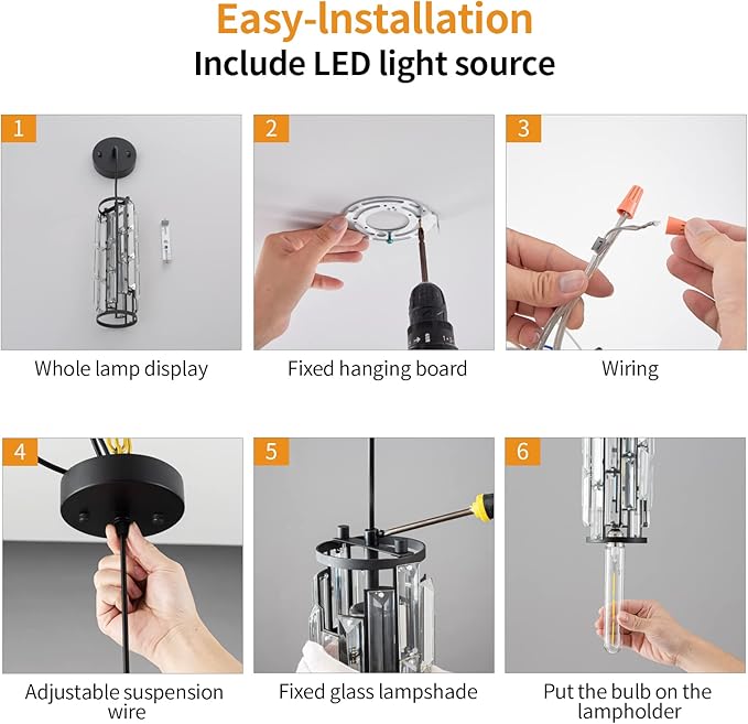 LMQNINE Modern Crystal Pendant Light for Kitchen Island, Adjustable Black Mini Pendant Lighting Fixture with K9 Crystal, E27 Base, Modern Hanging Light for Bedroom Dining Room Bar, 1-Pack