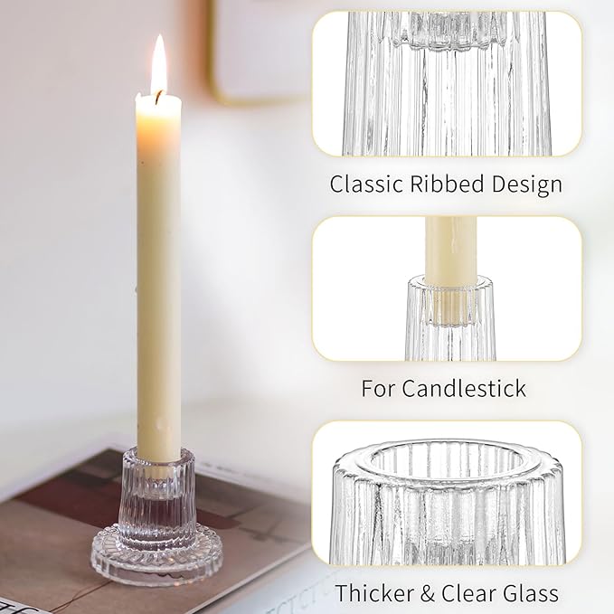 Romadedi Glass Candle Holder for Candlestick - 2Pcs Clear Tapered Wedding Decor Table Centerpiece for Candle Sticks Christmas Party Living Room Dinner Advent Decoration