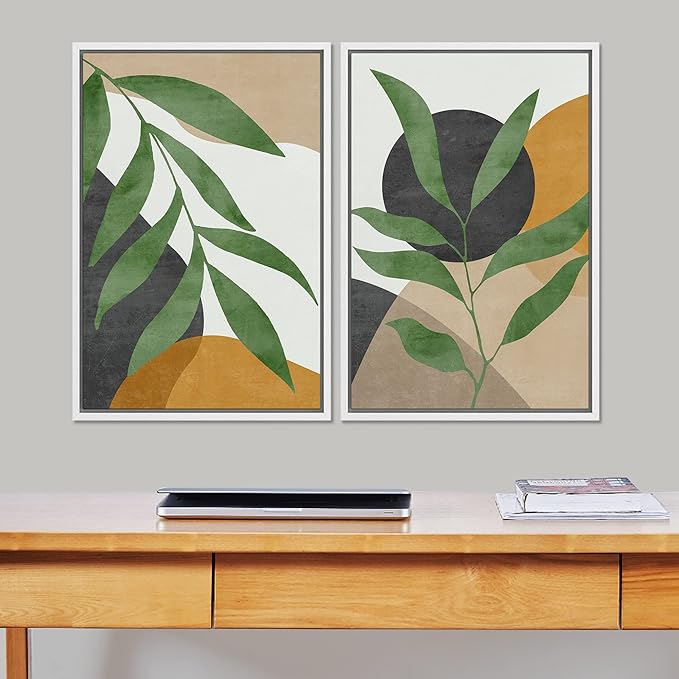 SIGNFORD Framed Canvas Print Wall Art Set Geometric Mid-Century Plant Collage Abstract Shapes Illustration Modern Art Decorative Nordic Nature for Living Room, Bedroom, Office - 16"x24"x2 White
