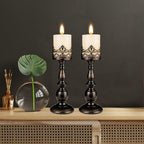 Candle Holders for Pillar Candles Gothic Matte Black Vintage Tall Candle Holders Set of 2 Decorative Large Table Centerpieces Candle Stand Decor (Distressed Black 2PCS A)