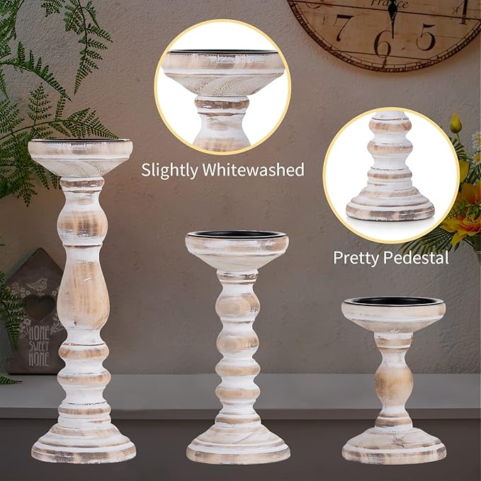 Candle Holder for Pillar Candles: Romadedi Set of 3 Decorative Wood Candlestick Holders, Rustic Wooden Candle Stand for Fireplace Mantle End Table Shelf in Farmhouse Style, Whitewashed 6”, 8.3”, 12”