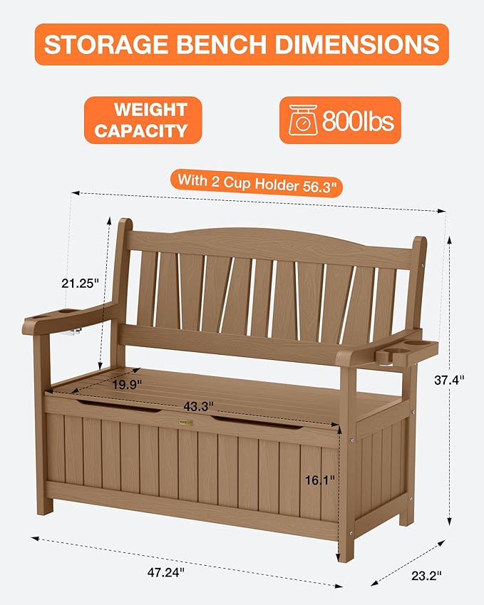 YEFU Outdoor Storage Bench for Patio: Heavy Duty Garden Bench Set of 2 with 96° High Backrest & Oversized Seating - HIPS Weatherproof Patio Bench with Storage for Porch Park Backyard, Teak