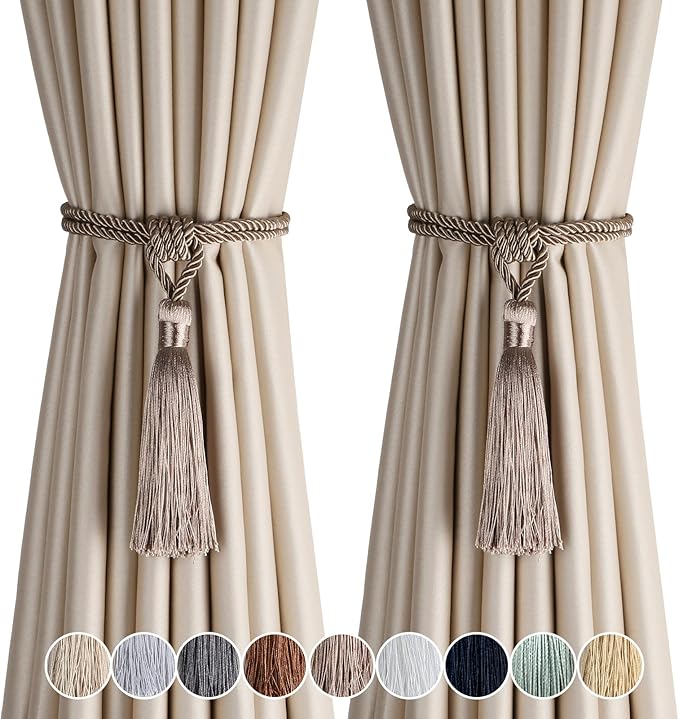 Fenghuangwu Curtain Tiebacks Tassel Tie-Backs, Rope Curtain tie Backs Handmade Curtain Holdbacks Made from Polyester (flaxen, 2p)