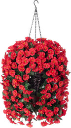Artificial Fake Red Hanging Flowers Plants Baskets for Outdoor Winter Christmas, Faux Silk UV Resistant Look Real Morning Glory Vines for Outside Porch Patio Balcony Garden Yard Home Decor