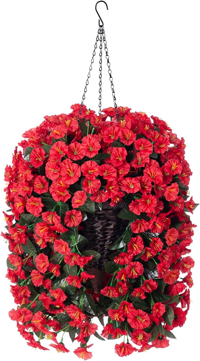 Artificial Fake Red Hanging Flowers Plants Baskets for Outdoor Winter Christmas, Faux Silk UV Resistant Look Real Morning Glory Vines for Outside Porch Patio Balcony Garden Yard Home Decor