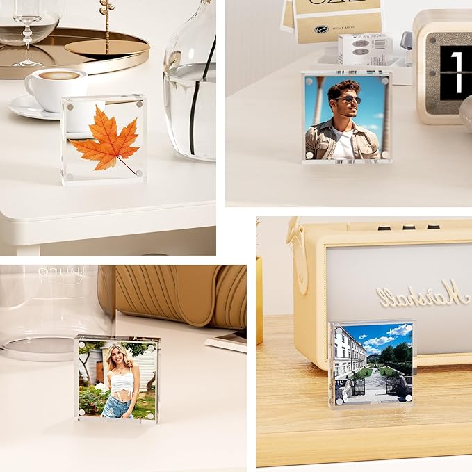Mini Picture Frame 3x3 inch Acrylic Magnetic Photo Card Frame 20mm Thick Double SidedDesktop Display Frames for Cards Photos Office Home Decor 10 PCS