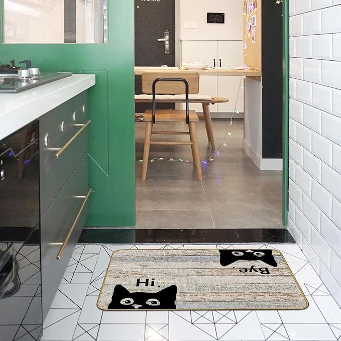 Mingnei Hi Bye Cat Welcome Doormat - Door Mat for Home Kitchen Entrance, Funny Black Cat Lover Floor Mat for Indoor/Outdoor Entryway Rug 30x17 (Grey)
