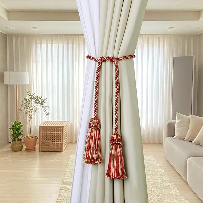 Fenghuangwu Curtain Tiebacks Handmade Decorative Curtain Holdbacks Rope with Tassel (Mix red, 2P)