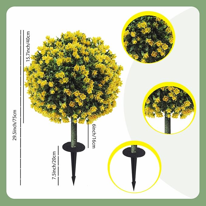 Set of 2 Artificial Boxwood Topiary Ball Trees with Yellow Flowers for Outdoor with Ground Spike 29.5", UV Resistant Faux Greenery Shrubs, Fake Plants for Garden, Porch, Patio Valentine's Day Decor