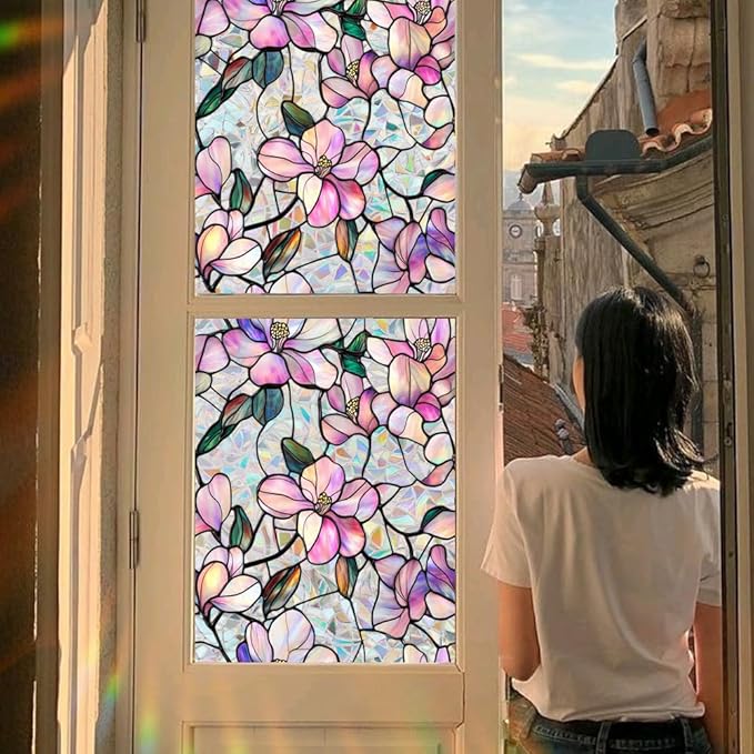 Decorative Orchid Flower Stained Static Glass Window Clings Stickers for Home Office Living Room Bedroom Glass Windows Door Decor 16.93 x 39.37 Inches