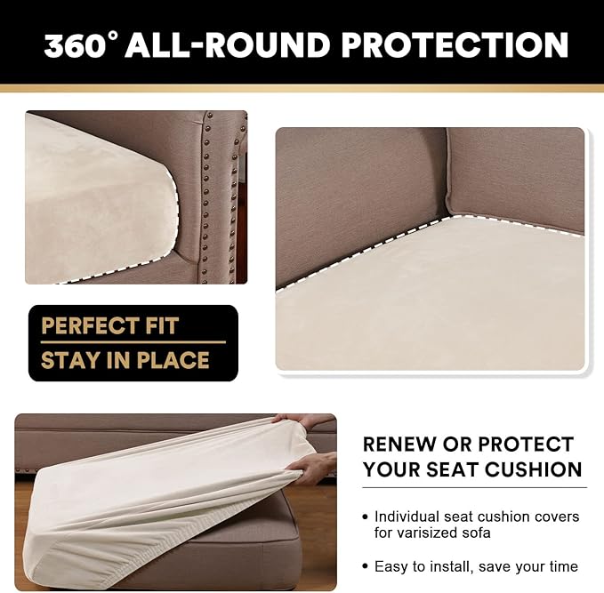 PrinceDeco Stretch Velvet Couch Cushion Cover,Soft Fitted Cushion Slipcover for Chair Cushion Furniture Protector Seat Cushion Sofa Cover Width Up to 29.5", Ivory