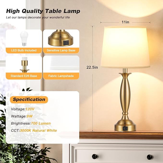 White Gold Lamps for Bedrooms Set of 2 - Touch Control Bedside Lamp with USB C+A, 3 Way Dimmable Nightstand Lamps with USB Port, Table Lamp for Living Room(White Shade and Gold Base)
