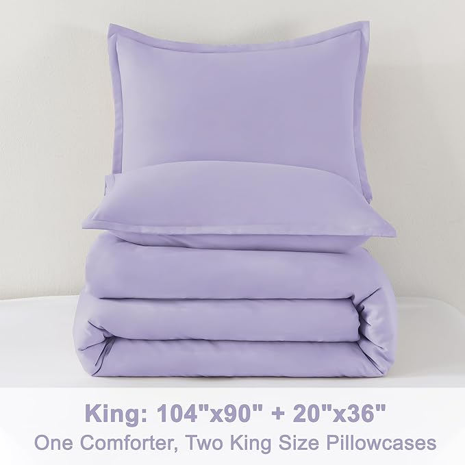 Litanika Lavender Purple Comforter King Size, 3 Pieces Lightweight Solid Bedding Comforter Set, All Season Fluffy Bed Set (104x90In Comforter & 2 Pillowcases)