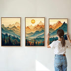 Tinonedraw Large Mountain Framed Canvas Wall Art Set of 3, Boho Nature Forest Wall Decor, Neutral Wooden Pine Trees Artwork, Sunrise Ridge Landscape Art Printing for Living Room Bedroom Office 24"x36"