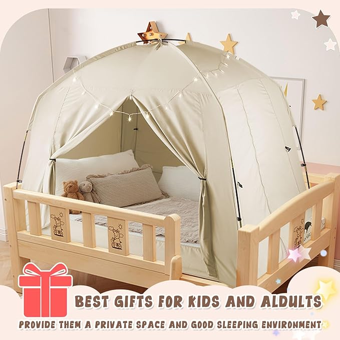 Bed Tents for Kids and Adult, Portable 100% Breathable and 93% Blackout Dream Play Tent, 3 Doors Big Privacy Space Sleeping Canopy for Indoor Floor or Twin Full Queen Sizes Bed (Khaki, Queen- Size)