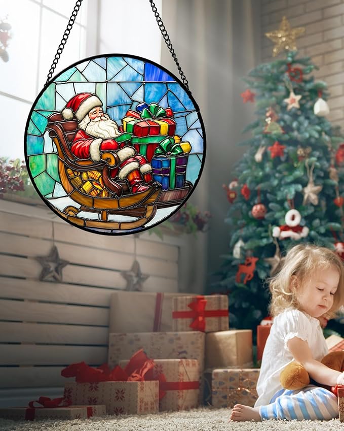 Stained Glass Window Hanging - Santa Claus Gift BoxSuncatcher for Doors Home Christmas Decoration Winter Sun Catcher Thanksgiving New Year Birthday Gift for Women Men Mom Nana 6.3 in