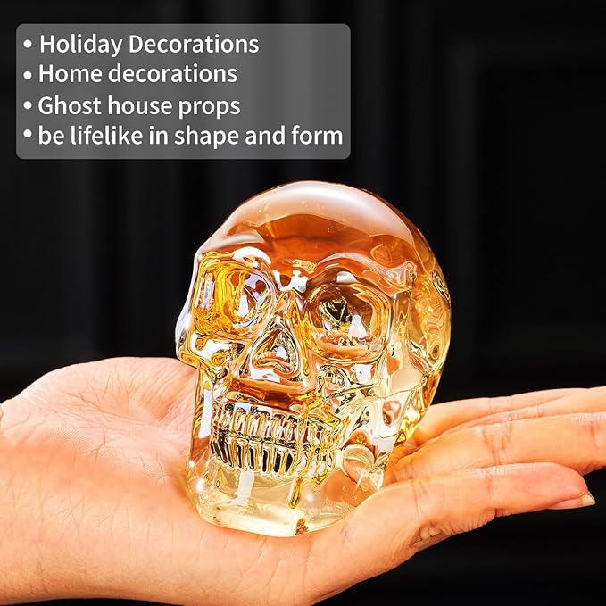 Crystal Halloween Skull Skeleton Decor, Gold Glass Skull Gifts for Men Home Decorations with Gift Box, Art Glass Day of The Dead Skull Halloween Paperweights Collectibles (Gold)