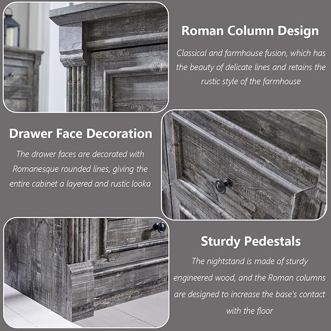 Farmhouse 8 Drawers Dresser for Bedroom, 61" Wide Large Dressers & Chests of Drawers w/Roman Column, Storage Dressers Organizer for Bedroom, Hallway, Living Room, Light Grey