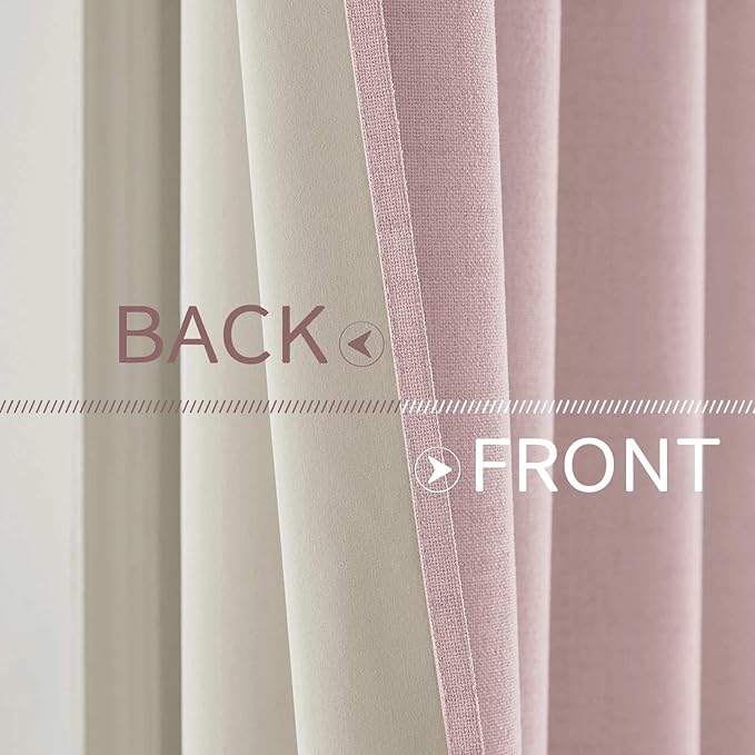 MIULEE Linen Texture Curtains for Bedroom Solid 100% Blackout Thermal Insulated Pink Curtains Grommet Room Darkening Drapes for Living Room Nursery 52x72 Inch (2 Panels)