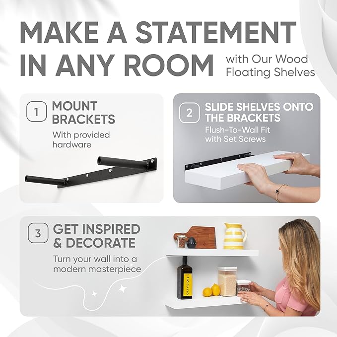 Homeforia White Floating Shelves 24 inch, High End Solid Real Wood 24inch Bathroom Floating Shelf for Wall Mounted, White Wooden 24in Floating Shelves, Heavy Duty Bracket, 24 X 6.5 X 1.75 in, Set of 4