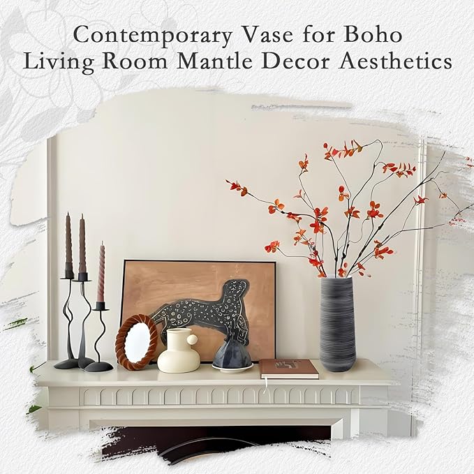 ALMA 13 inch Tall Black Vase Home Decor Trends for 2025, Large Grey Vase for Centerpieces Fits for Mid Century Modern Decor, Ceramic Floor Vases for Black Bathroom, Dining Table, Living Room