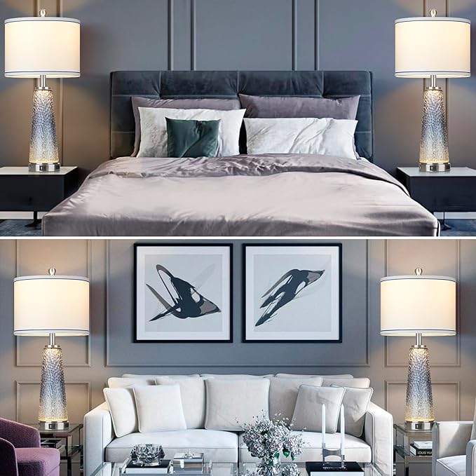 Coastal Glass Table Lamps for Living Room, 26" Table Lamps with USB A+C Ports & AC Outlet, Touch Control Bedside Nightstand Lamp with Crystal Night Light for End Table Office Desk Blue(Bulbs Included)